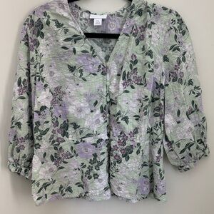 Liz Claiborne Green and Purple Floral Blouse